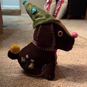 Homemade Brown Dog Plush Toy with Green Hat